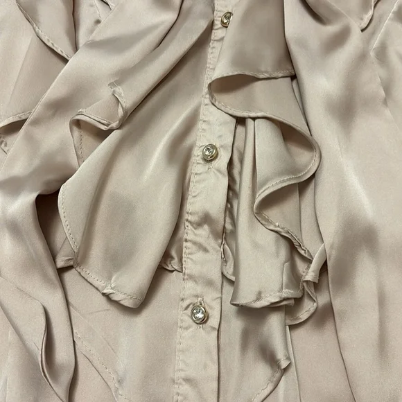 VINTAGE BERIN satin blouse top button front ruffle layers neck ties taupe large - Picture 8 of 13